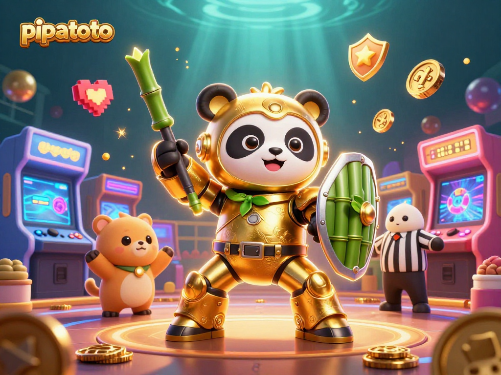 Engage with pipatoto's vibrant arcade casino scene showcasing action-packed gaming elements and a golden panda hero.