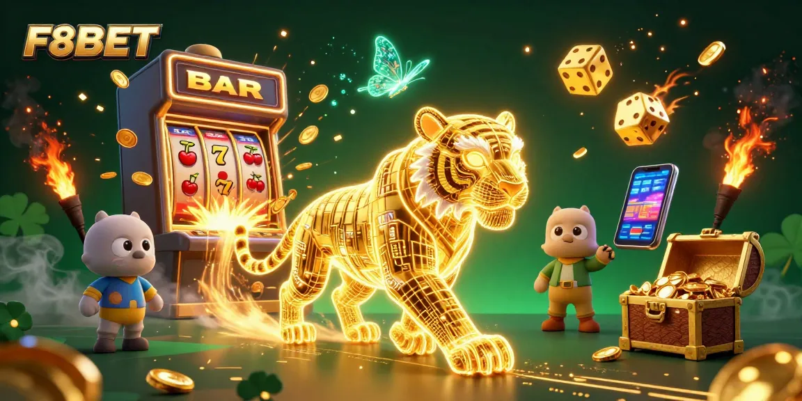 Experience the vibrant energy of F8BET with this dynamic casino 3D illustration featuring golden tiger and slot machine.