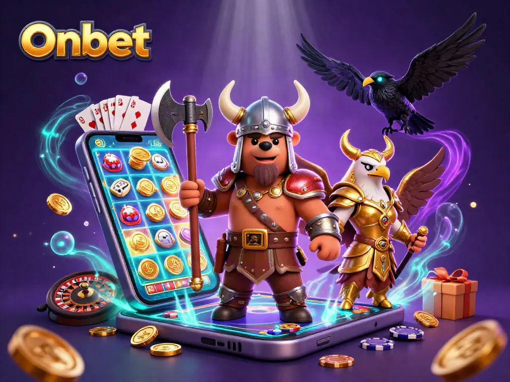Spin the reels with Onbet's Viking bear and Valkyrie eagle in this vibrant casino scene!
