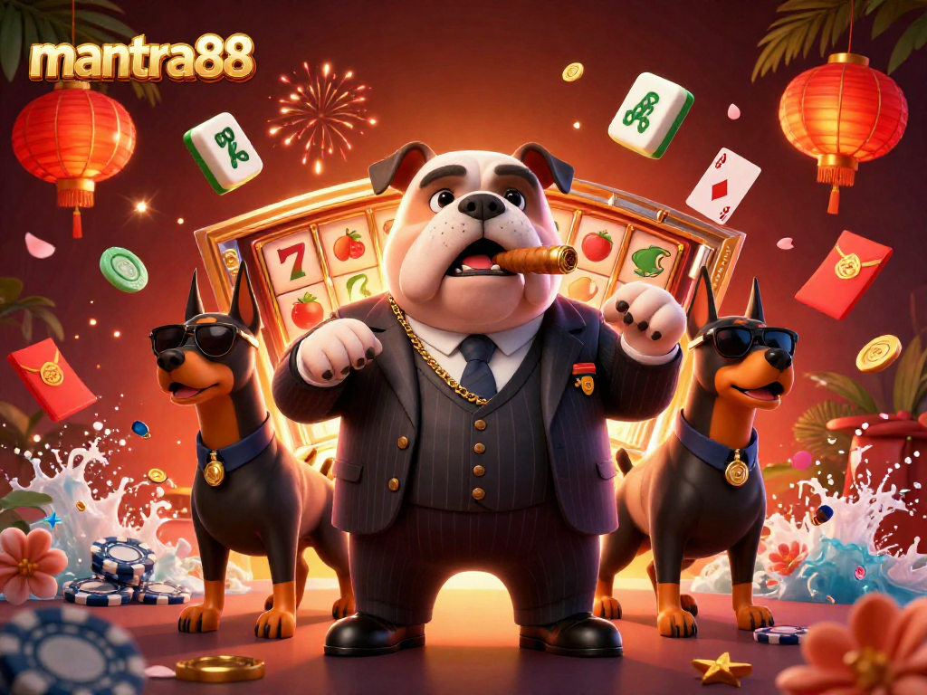 Engage in thrilling gameplay with mantra88 as a mafia boss bulldog leads a casino scene.