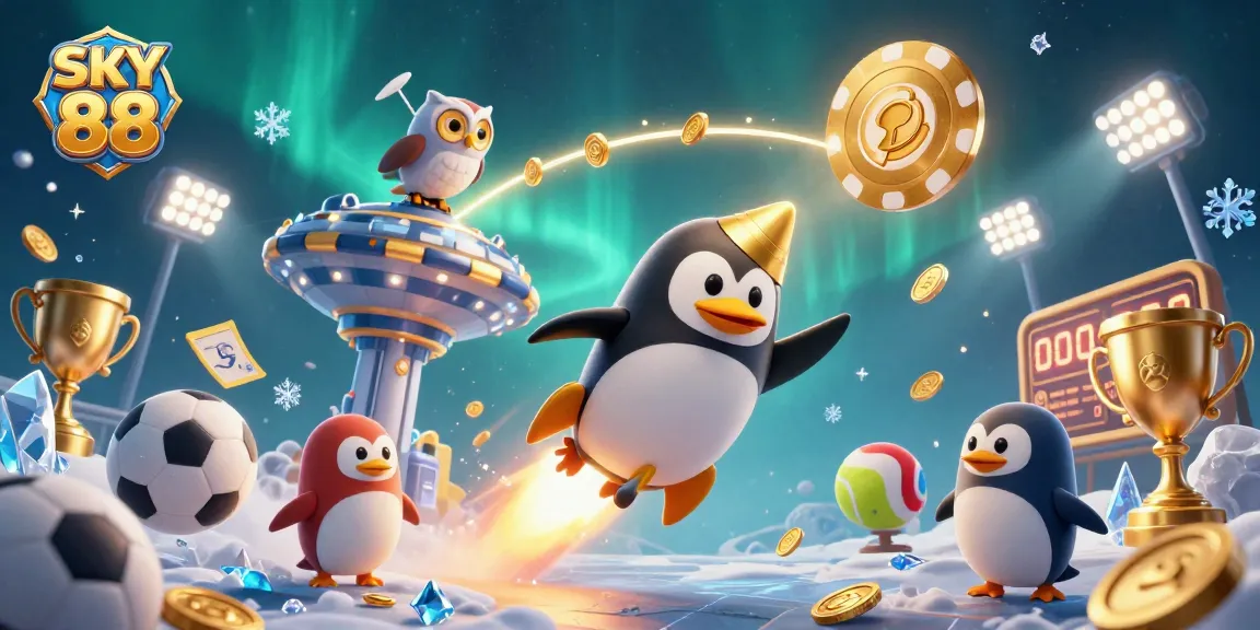 Experience SKY 88 with a golden penguin launching towards a vibrant casino space!