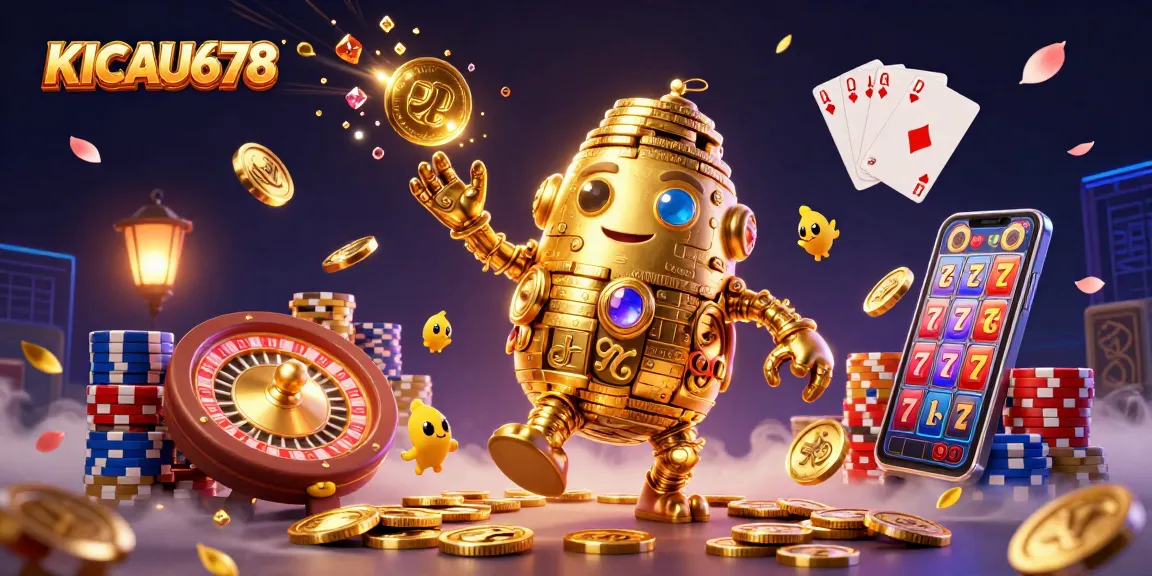 KICAU678 features a golden golem amidst cascading coins and a spinning roulette wheel, showcasing captivating casino energy.