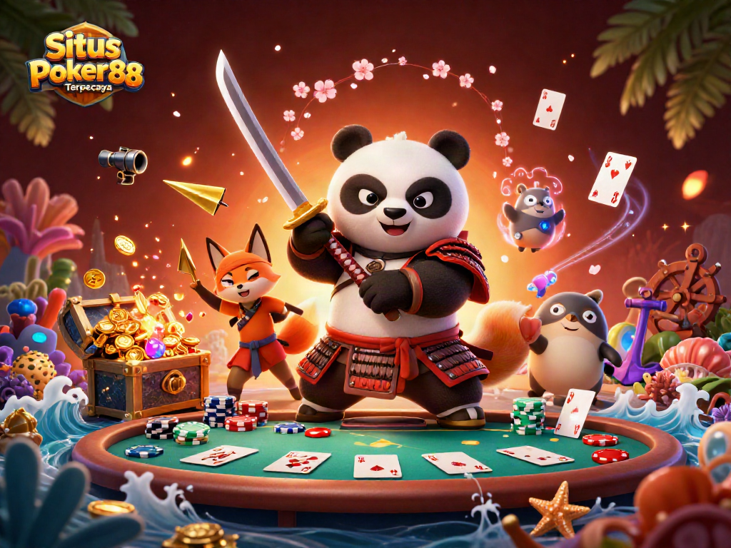 Situs Poker88 Terpercaya showcases a vibrant poker scene with dynamic characters and game elements.