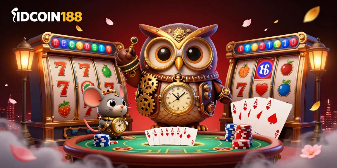IDCOIN188 brings exciting slot games with vibrant visuals in a playful casino scene featuring time-traveler characters.