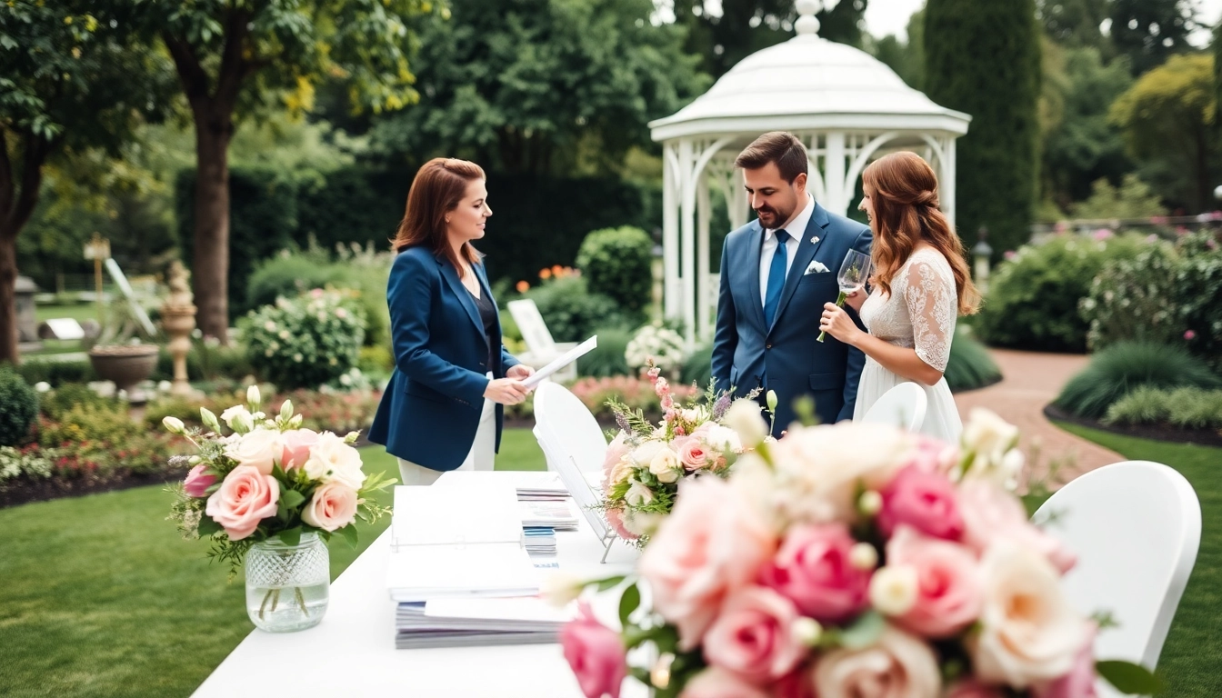 Engaging scene of a dc wedding planner assisting a couple in a vibrant outdoor setting.