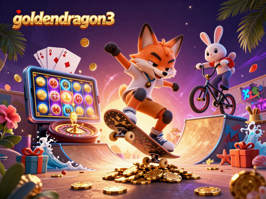 Win big in goldendragon3 with a thrilling scene of a skateboarder fox and BMX rabbit amidst dynamic casino elements.