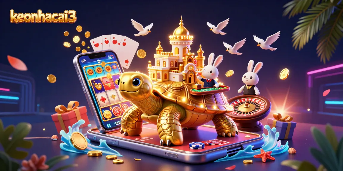 Experience thrilling betting at keonhacai3 with a vibrant scene of gold coins and a dynamic casino tortoise.