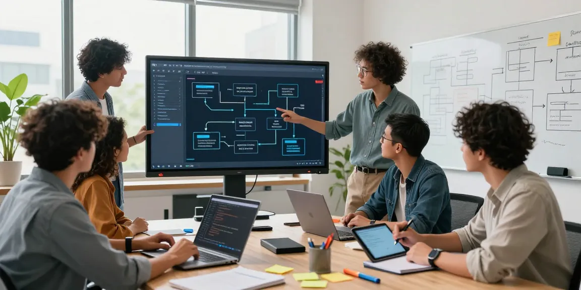 Team collaborating to build internal tools with AI in a modern office setting, showcasing innovation and teamwork.