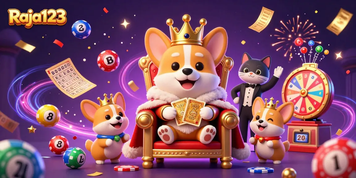 Experience thrilling luck and excitement with Raja123 in this vibrant 3D casino scene.