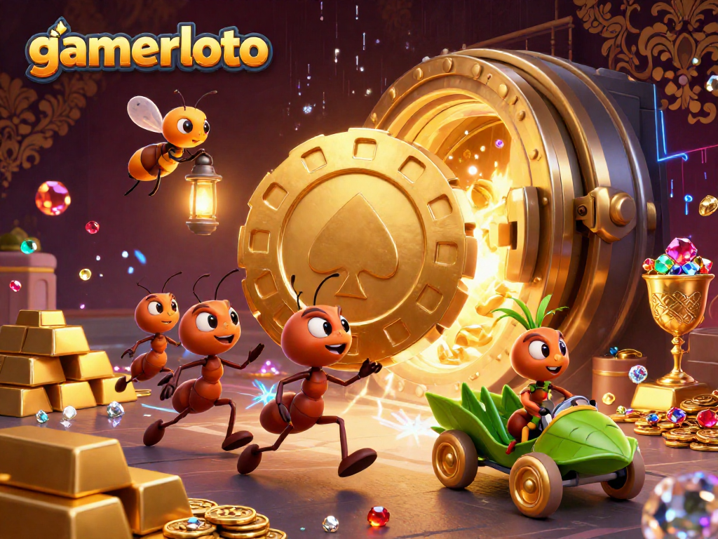Exciting scene at gamerloto with ants heisting a giant poker chip and treasure amidst vibrant casino elements.