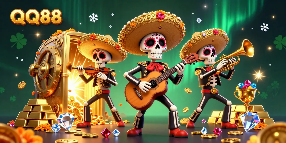 Experience the thrill of QQ88 casino with a vibrant mariachi band amidst treasure and excitement.
