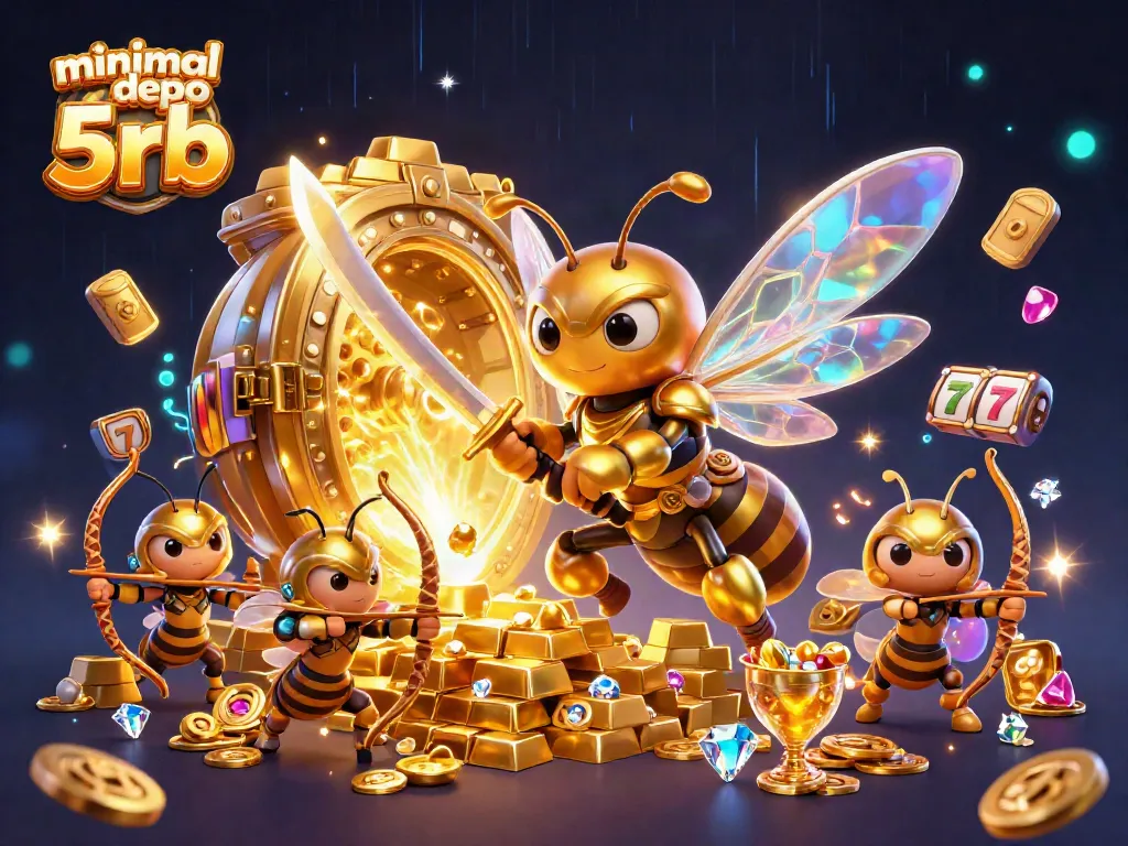Engage in the action with minimal depo 5rb showcasing a golden hornet samurai and treasure amidst spinning slot reels