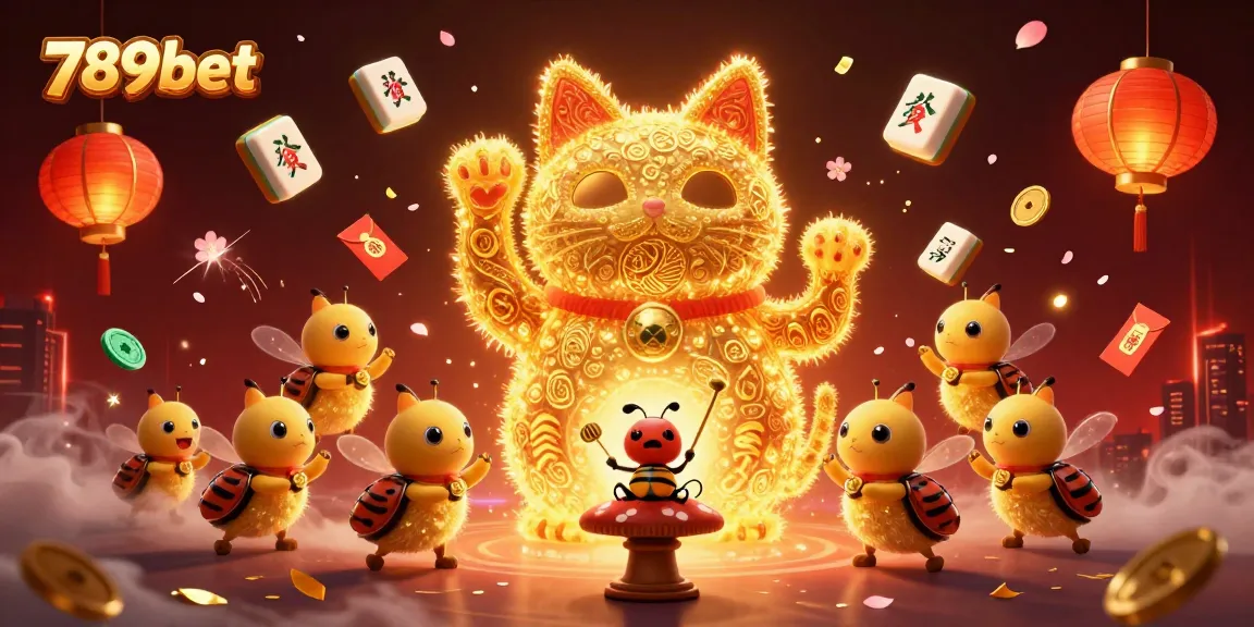 Experience 789bet's luck with a giant waving lucky cat and vibrant casino symbols.