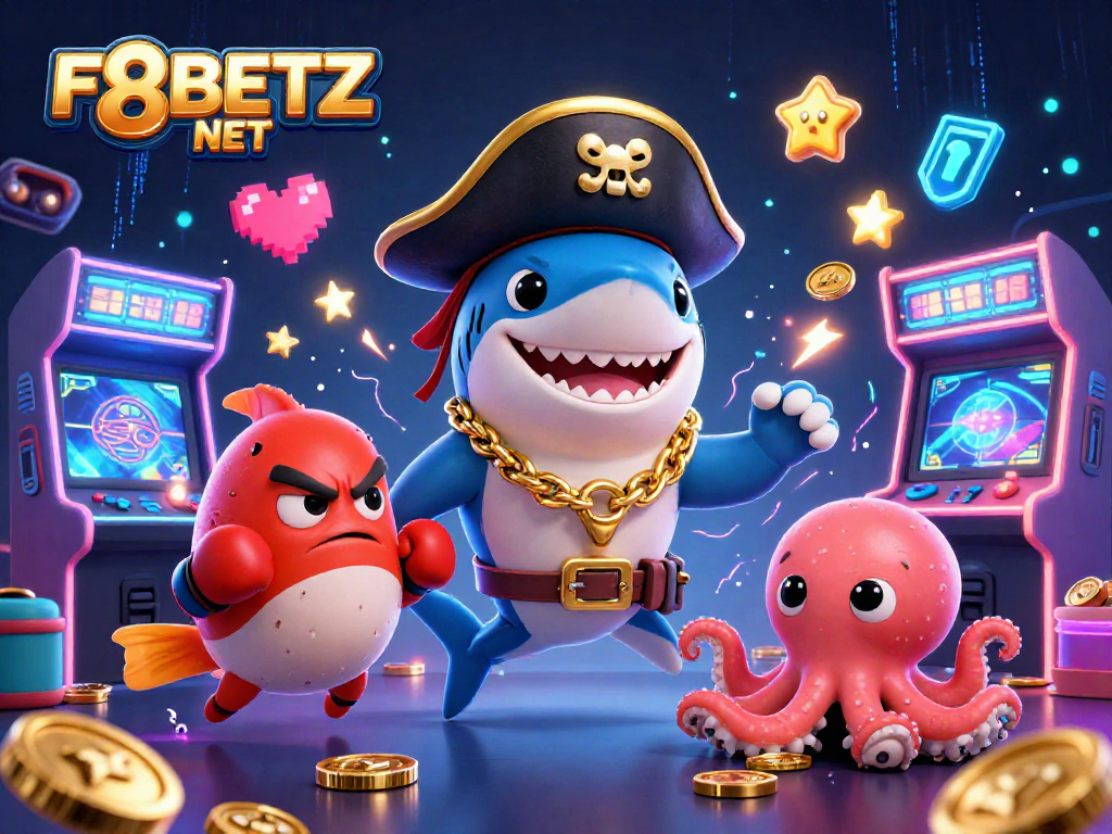Win big with F8BETZ NET as playful characters celebrate in a vibrant casino world!