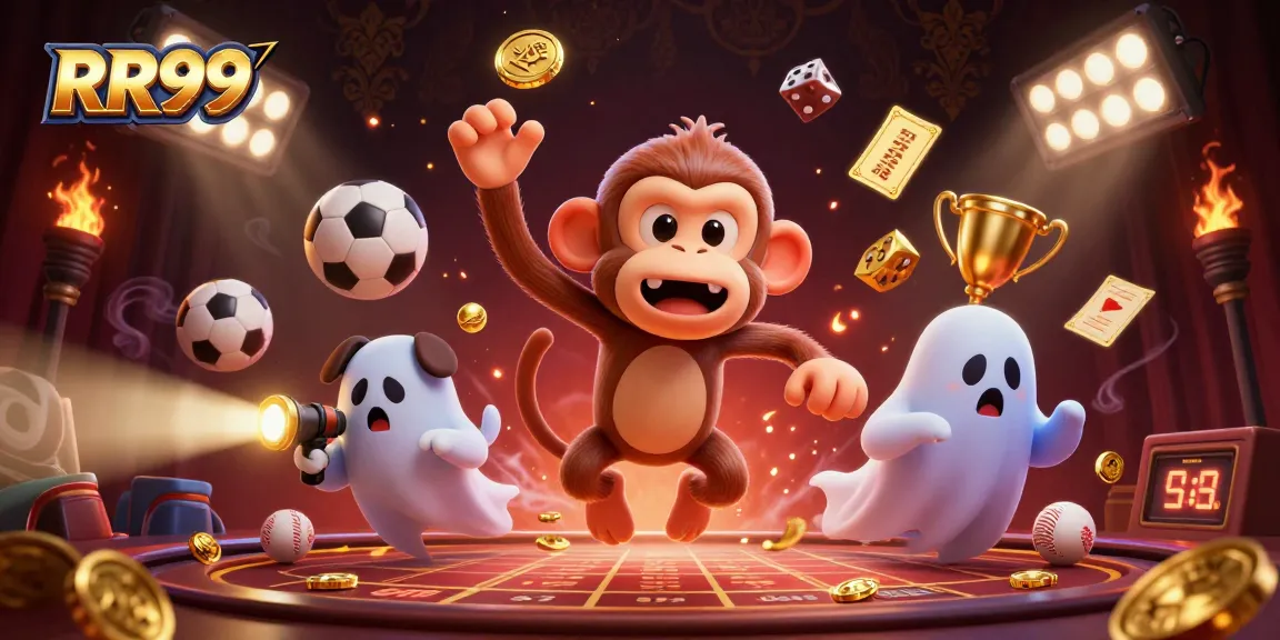 RR99 showcases a playful poltergeist monkey in a lively casino scene, engaging in thrilling gambling action.