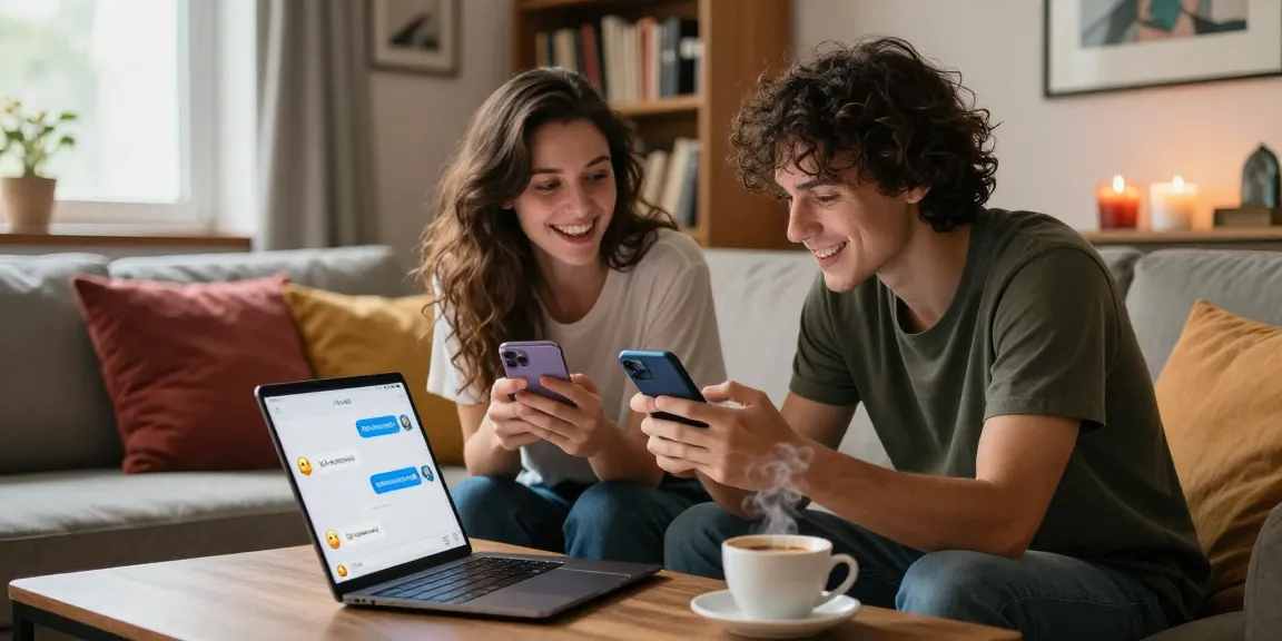 Couple enjoying ai sexting in a cozy home setting with smartphones and warm atmosphere.
