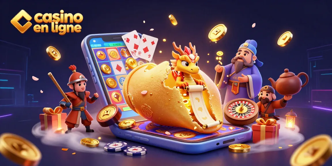 Découvrez le monde du casino en ligne avec un cookie de fortune et un dragon, entouré de jeux colorés.