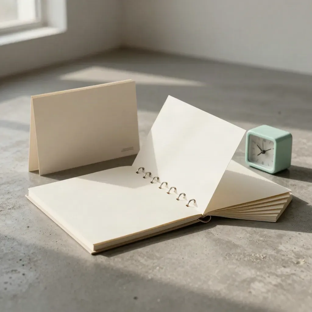 Open binder and card deck on concrete with a mint timer block in soft morning light.