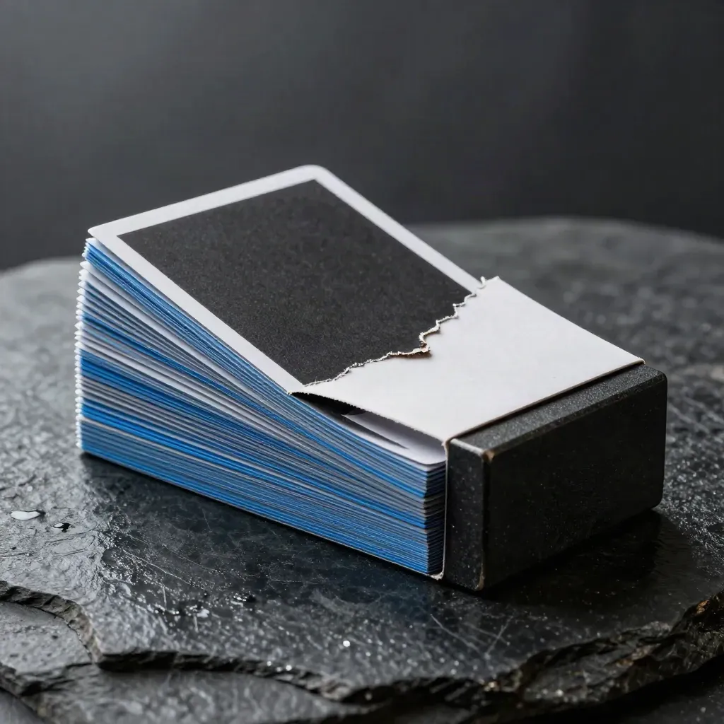 Dark ad spend reset pack on wet stone with blank cards, torn sleeve, weighted block and blue gleam.