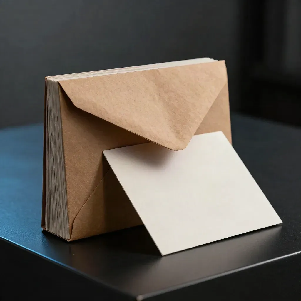 Blank ad cards sliding from an open envelope sleeve on a dark studio surface.