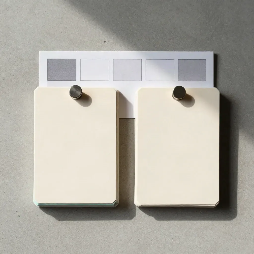 Overhead flatlay of two aligned test-card stacks, split divider, and a small metal weight on concrete.
