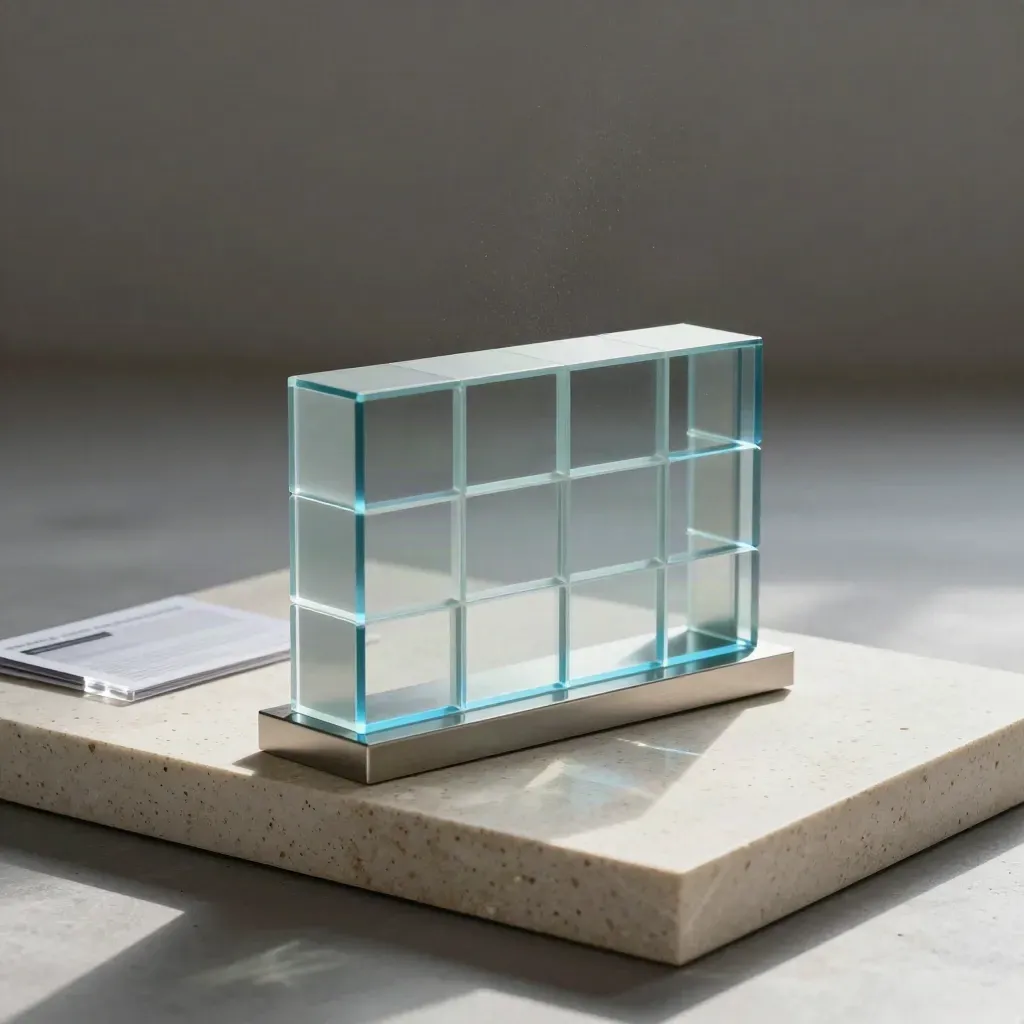 Premium modular dashboard sculpture with glass panes and brushed metal on travertine.