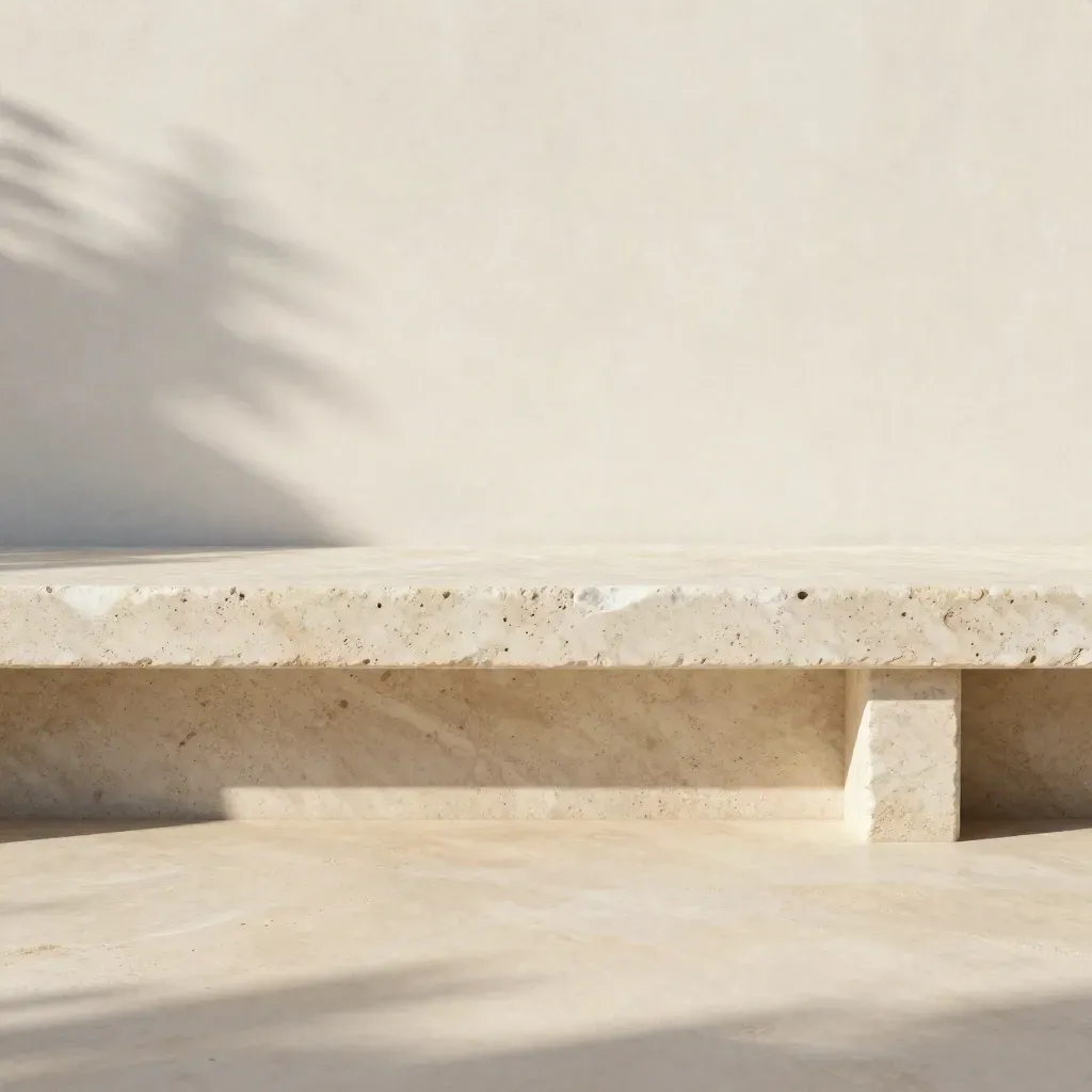 Sunlit travertine ledge, pale wall, low stone bench, and branch shadow in a calm minimal backdrop.