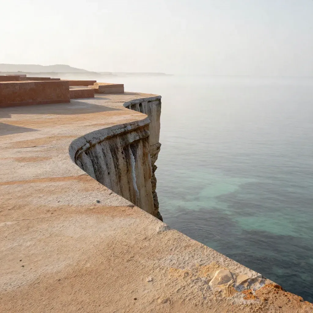 Misty sandstone terrace above pale sea at sunrise, with low wall and open calm water below.