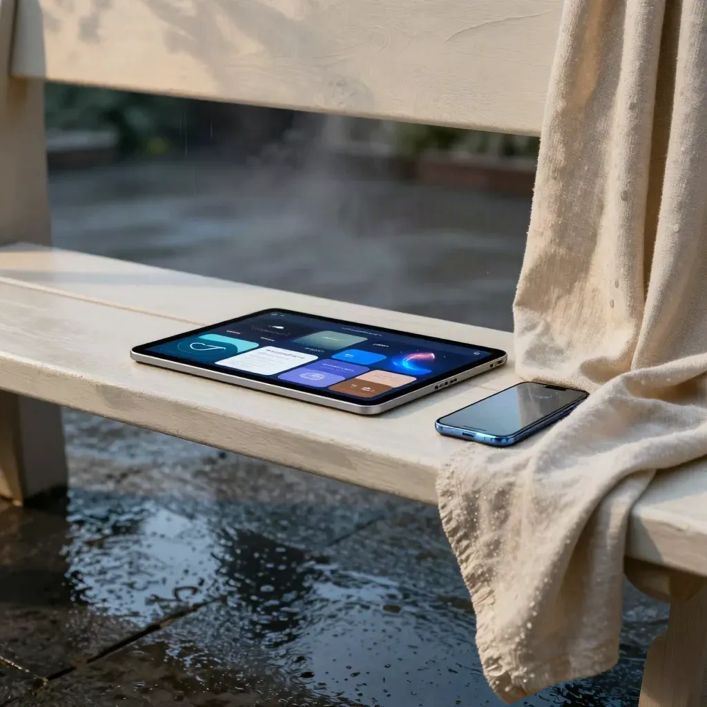 Rain-darkened courtyard bench, linen drape, phone glow, and wet stone reflections