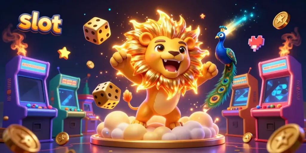 Slot-themed vibrant 3D illustration featuring a roaring sun lion, golden dice, and arcade elements.