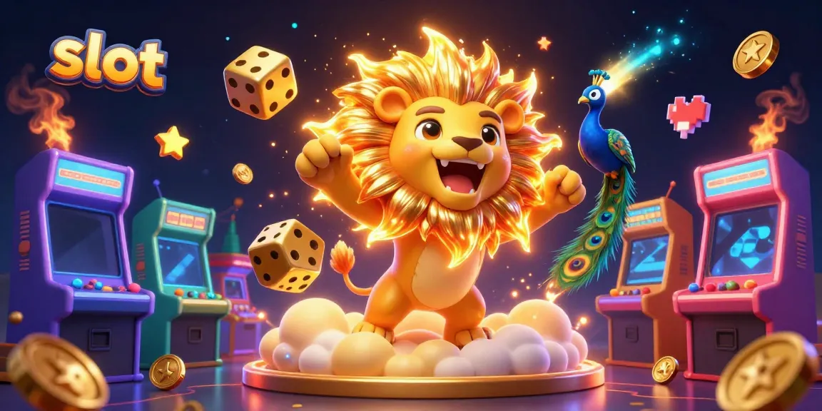 Slot-themed vibrant 3D illustration featuring a roaring sun lion, golden dice, and arcade elements.