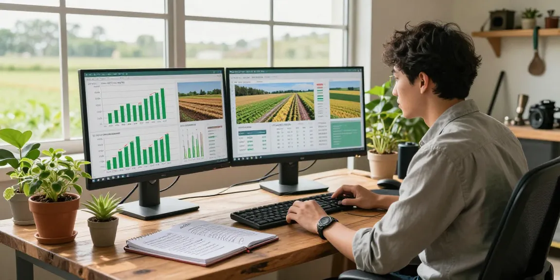 Prediksi 7meter tools in an agricultural forecasting office, featuring data analyst with digital reports, uplifted productivity.