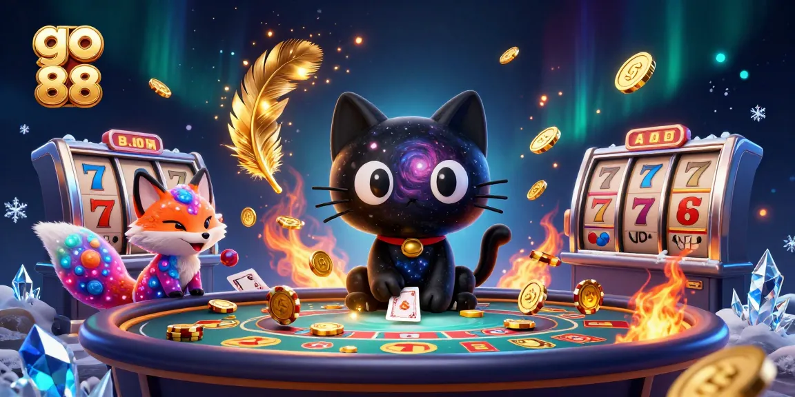 Experience excitement at go 88 with a cosmic casino scene featuring a black hole cat and colorful gas fox.