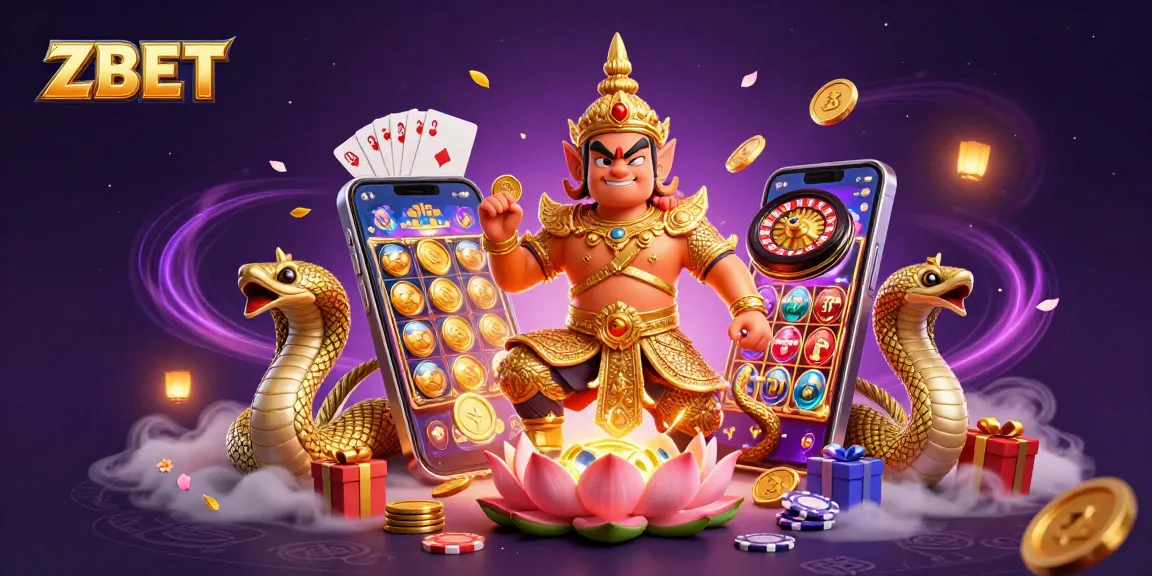ZBET showcases thrilling gaming with a guardian and Naga in a vibrant casino setting