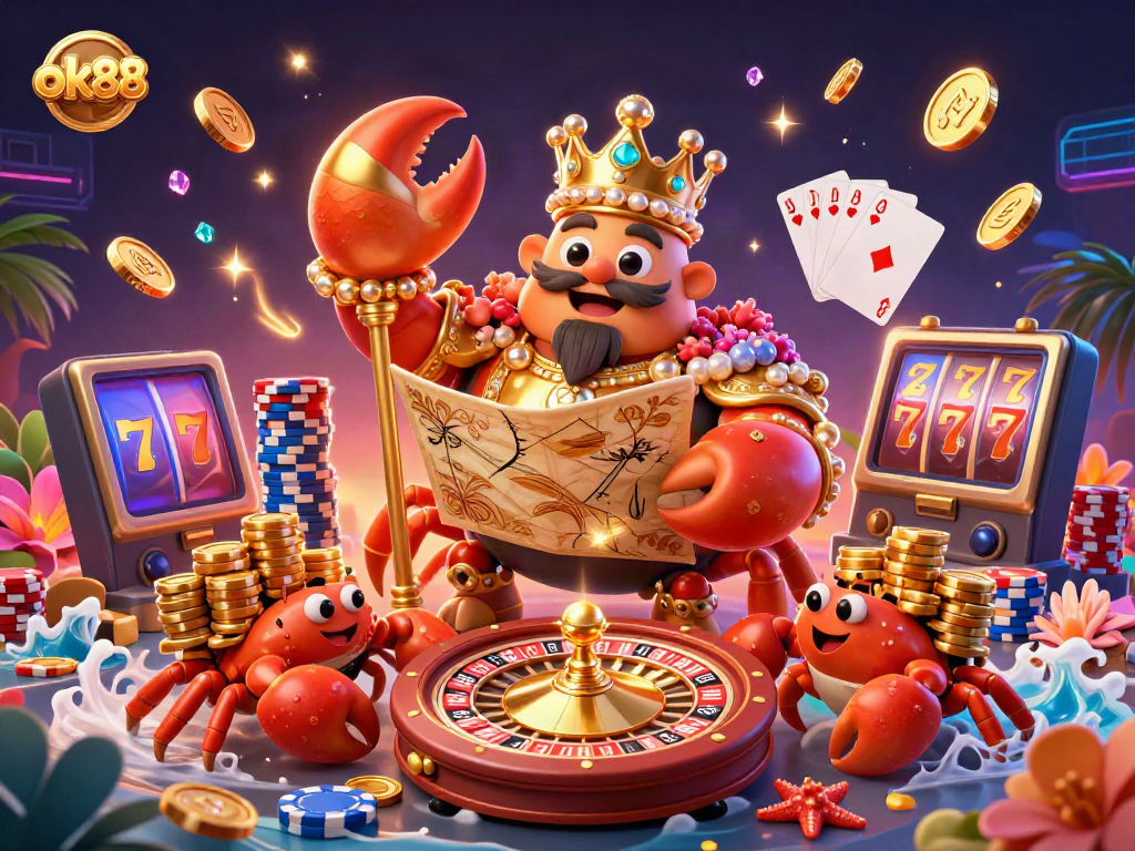 Experience the excitement of ok88 with a vibrant 3D crab emperor and sparkling casino elements.
