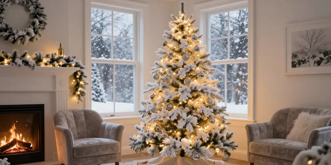 Beautifully decorated white Christmas tree with lights in a cozy living room.