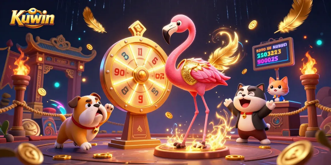 Kuwin spins the prize wheel with excitement in a dynamic casino scene filled with winning elements.