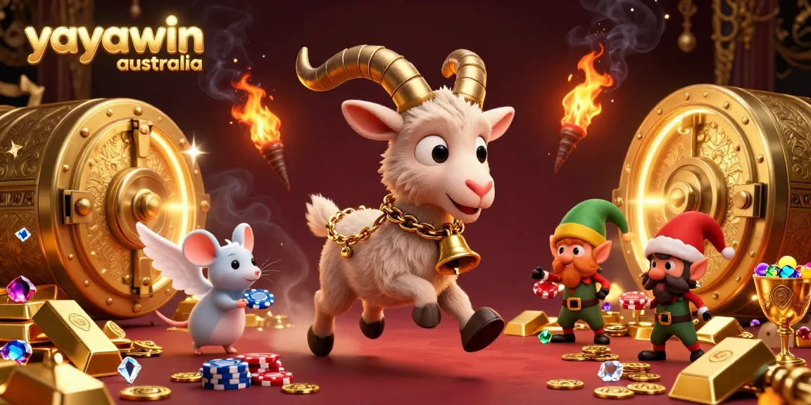 Play excitement at yayawin australia with Krampus and mischievous elves stealing chips in a festive casino scene.