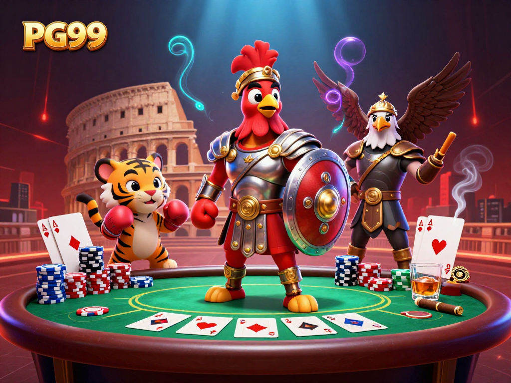 Experience strategic gameplay with PG99 in this vibrant casino-themed illustration.