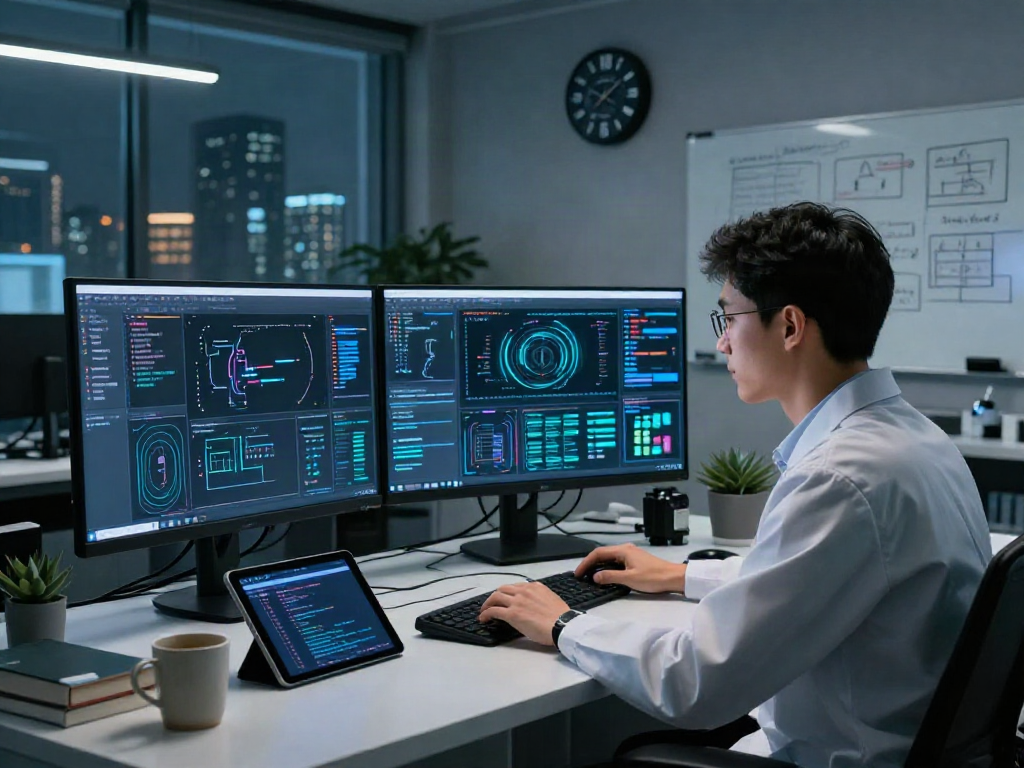 AI Detection in a modern lab setting with a data scientist analyzing algorithms and visual data patterns.
