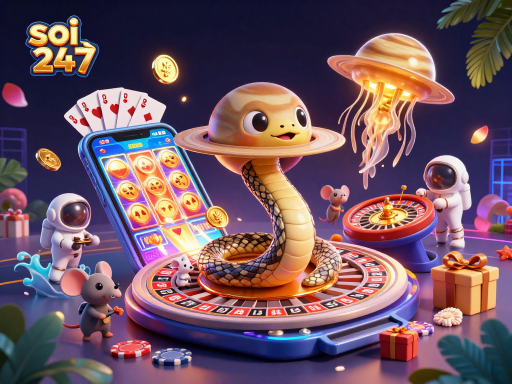 Soi cầu 247 showcases a vibrant 3D casino scene with animated characters, roulette wheels, and dynamic slot games for gamblers.