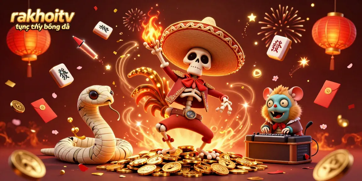 Experience rakhoitv trực tiếp bóng đá in an ultra-detailed festive gaming environment with vibrant characters.