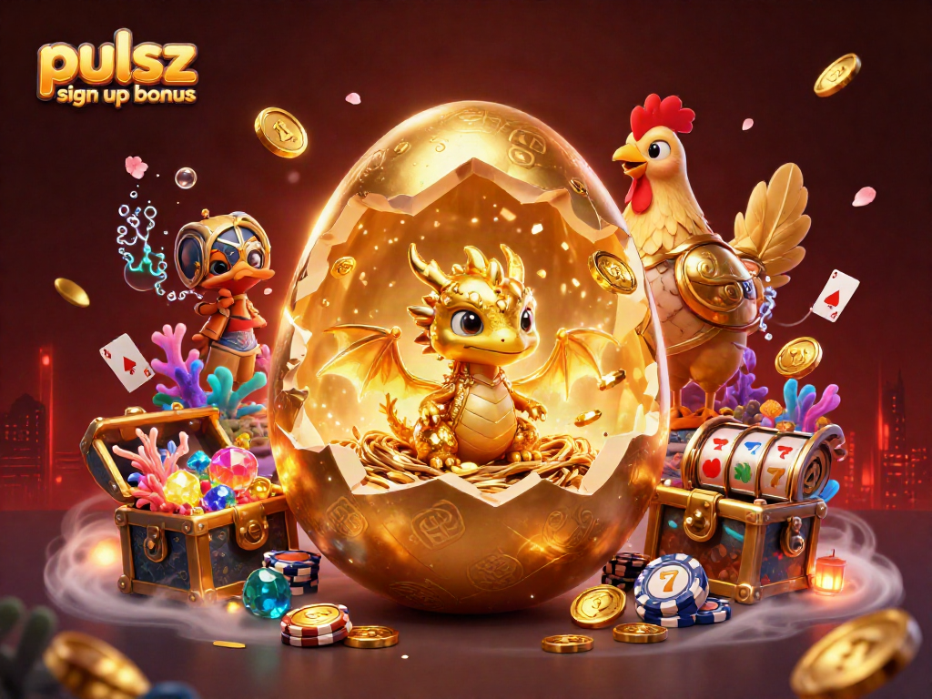 Pulsz sign up bonus with gold dragon and poker chips amidst casino-themed elements.
