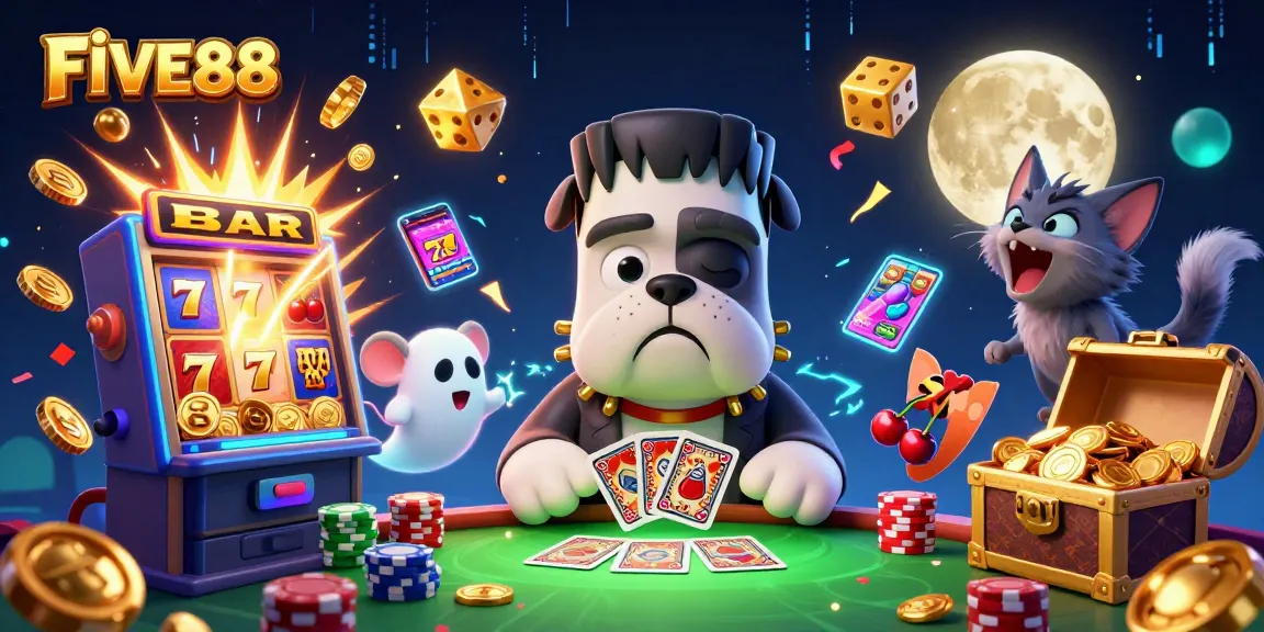 Engage with FIVE88 at a haunted casino table, where spooky characters deal cards and jackpot chaos unfolds.
