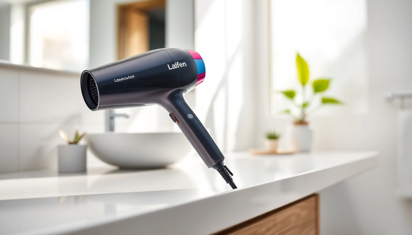 Laifen high-speed hair dryer displayed elegantly on a bathroom counter, featuring a sleek design.