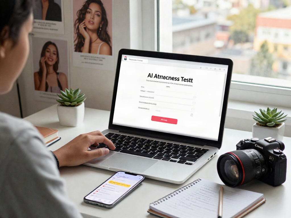 Person engaged in an attractive test using AI technology at a stylish desk, highlighting modern beauty evaluation.