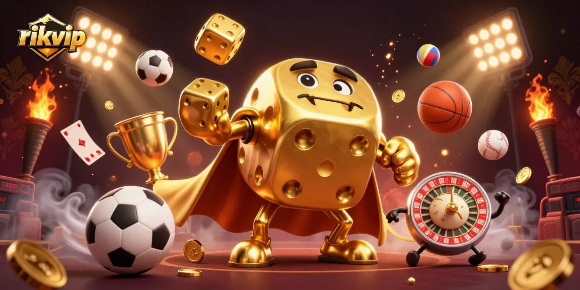 rikvip showcases a vibrant 3D casino scene with dynamic sports balls and golden dice elements.