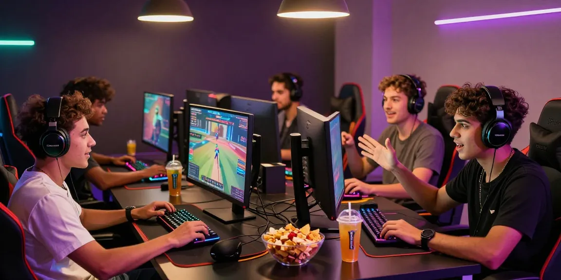 Exciting gaming scene showcasing friends playing together on mantra88 platform with colorful gaming setups and accessories.