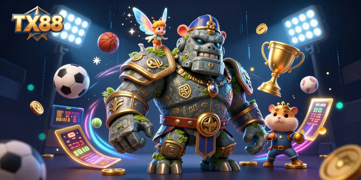 Engage with TX88's dynamic sports betting universe featuring magical characters and vibrant 3D elements.