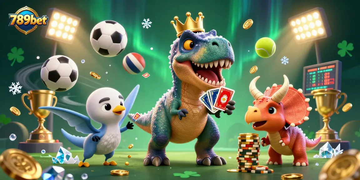 Engage with 789bet's thrilling betting scene featuring a T-Rex, Pterodactyl, and Triceratops amidst vibrant casino elements.